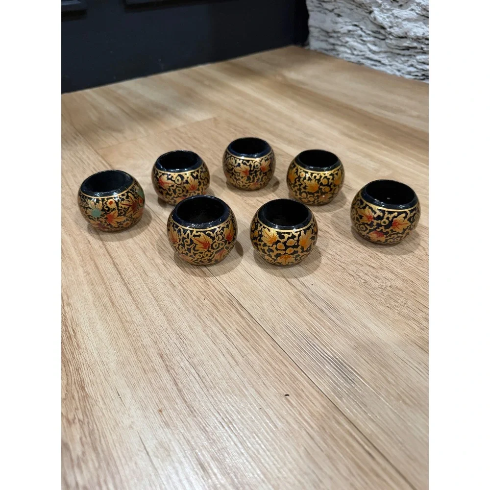 Vintage Hand Painted Lacquer Napkin Rings Set of 7 Black Gold Floral Kashmiri